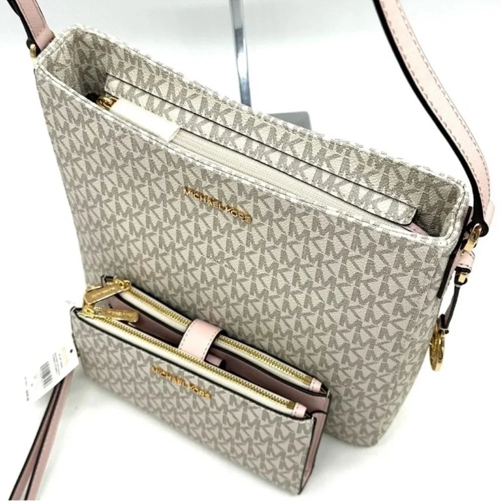 Michael Kors Large Messenger Bag & Large Double Zip Wallet Vanilla/Powder Blush